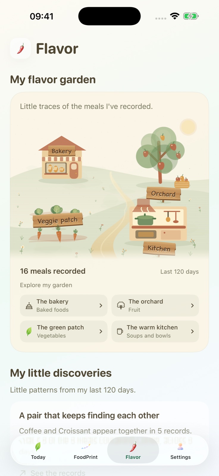 LiveEnergy app showing a flavor garden, food insights, and favorites